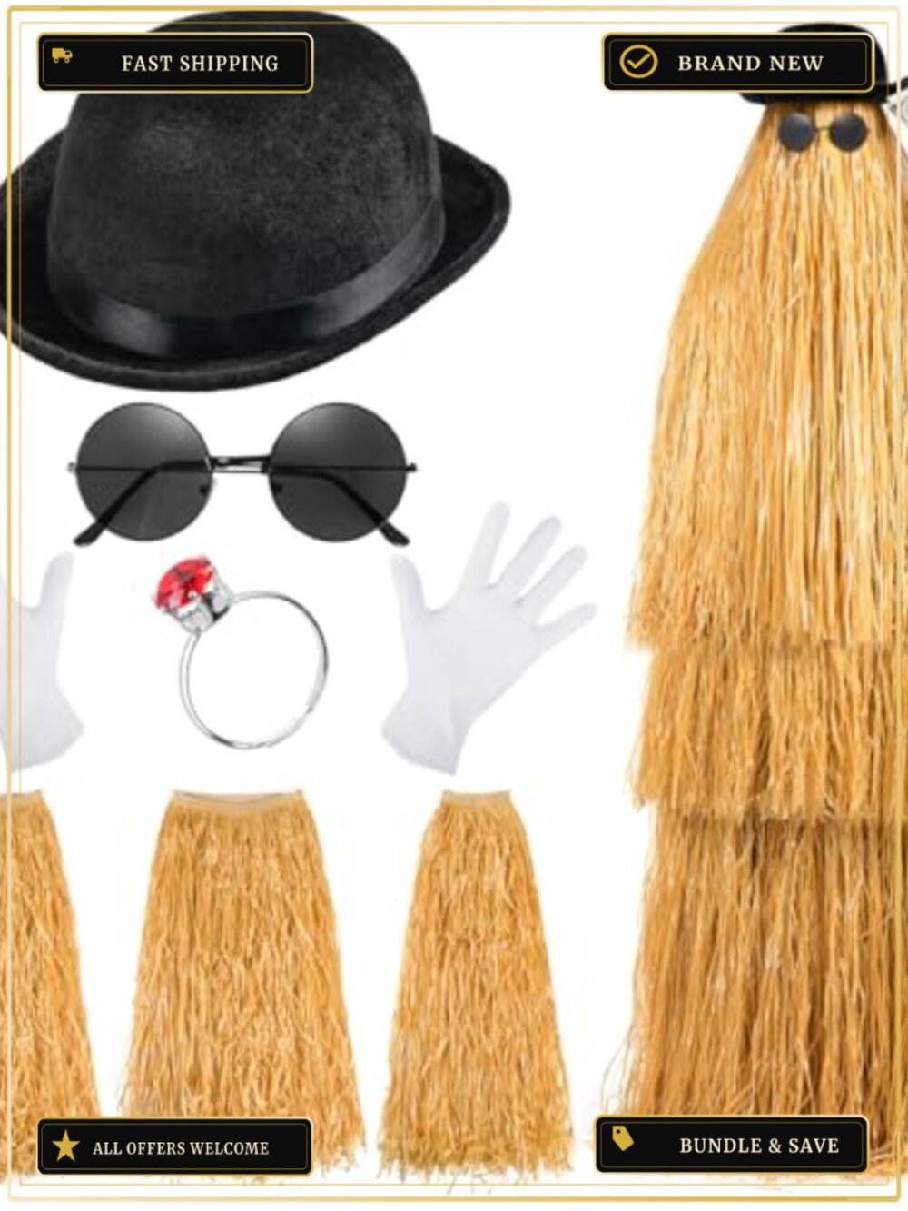 Halloween Long Hair Costume Set Bowler Hat Grass Skirt Gloves